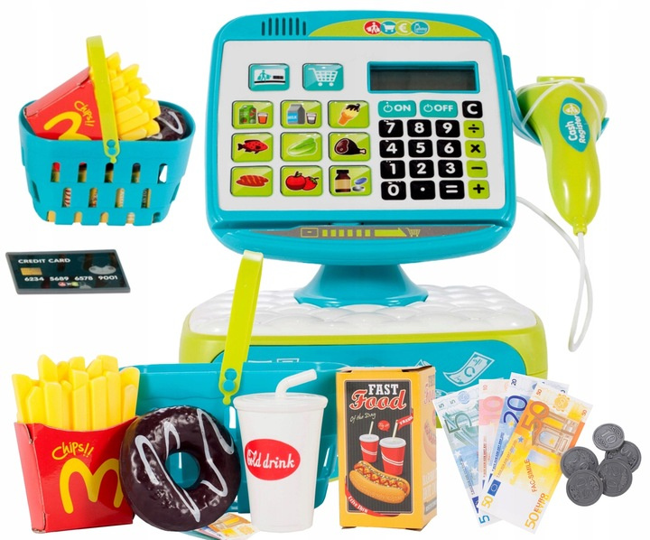 KASA FISKALNA SKLEPOWA Z DOTYKOWYM PANELEM KOSZYK DO ZABAWY DLA DZIECI