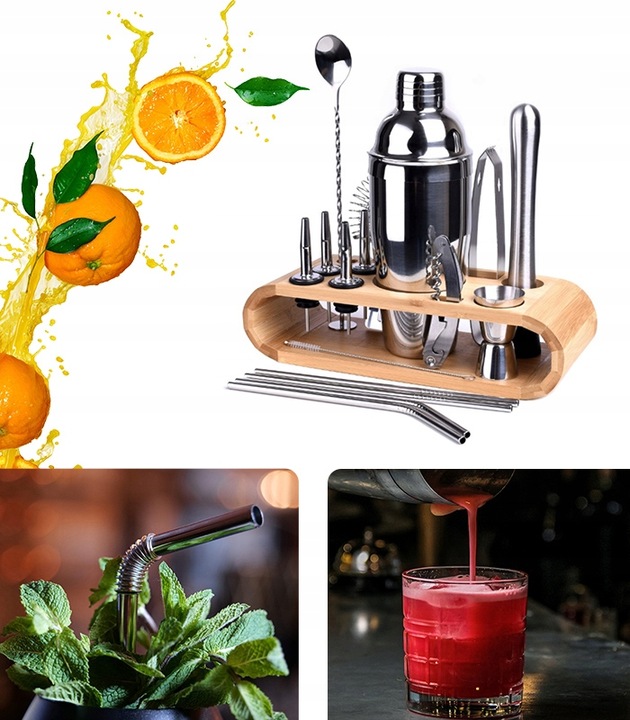 ZESTAW BARMAŃSKI 17 ELEMENTÓW SHAKER STOJAK DUŻY PROFESJONALNY DO DRINKÓW