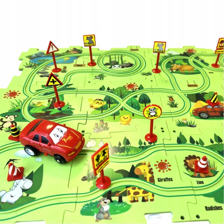 TOR WYŚCIGOWY PUZZLE DO SKŁADANIA AUTKO TRASA ZOO LAS KREATYWNY ZNAKI 25el.