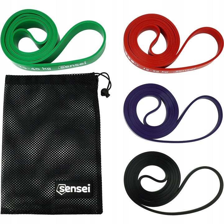 ZESTAW 4 GUM POWER BAND + UCHWYT, Taśmy do Ćwiczeń Oporowych, Podciągania