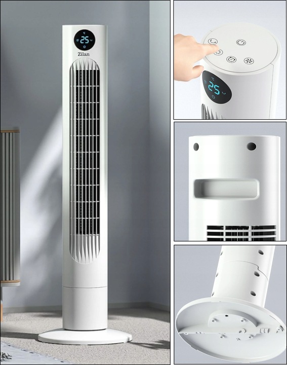 WENTYLATOR KOLUMNOWY XL 60W BIAŁY CICHY PANEL LED PILOT OSCYLACJA TERMOMETR