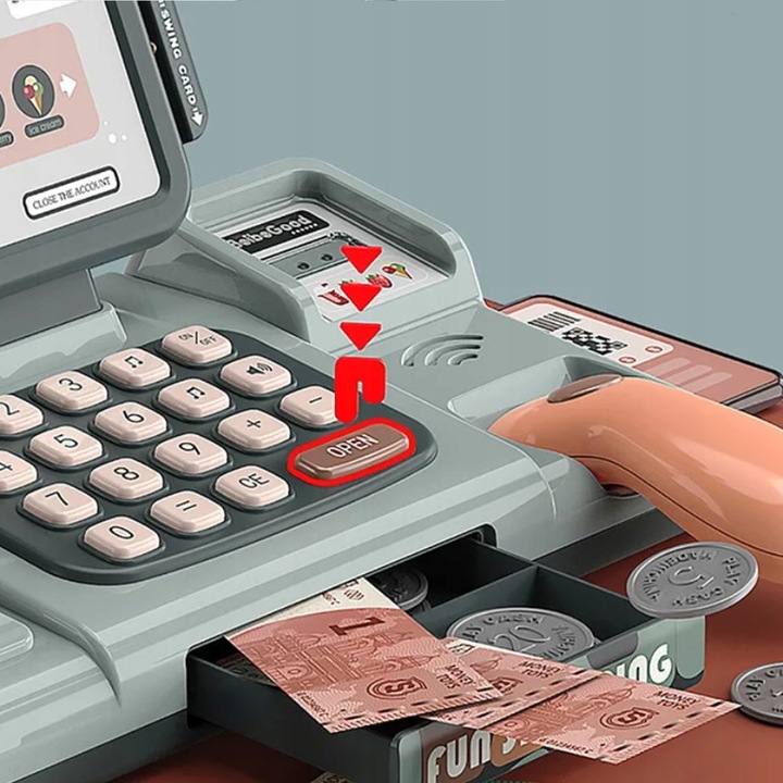 KASA FISKALNA SKLEPOWA INTERAKTYWNA ZAKUPY WAGA SKANER RUCHOMA TAŚMA KOSZYK