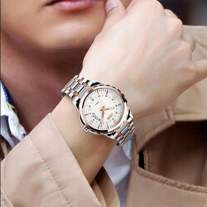 Zegarek męski bransoleta srebrny złoty czytelna tarcza datownik