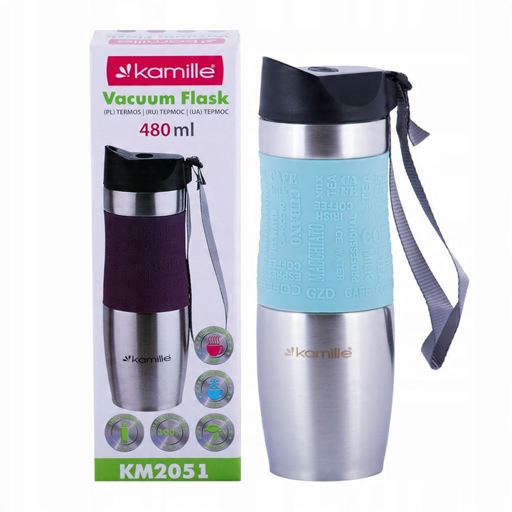 KUBEK TERMICZNY TERMOS STALOWY 100% SZCZELNY pojemny bidon KAMILLE 480 ml