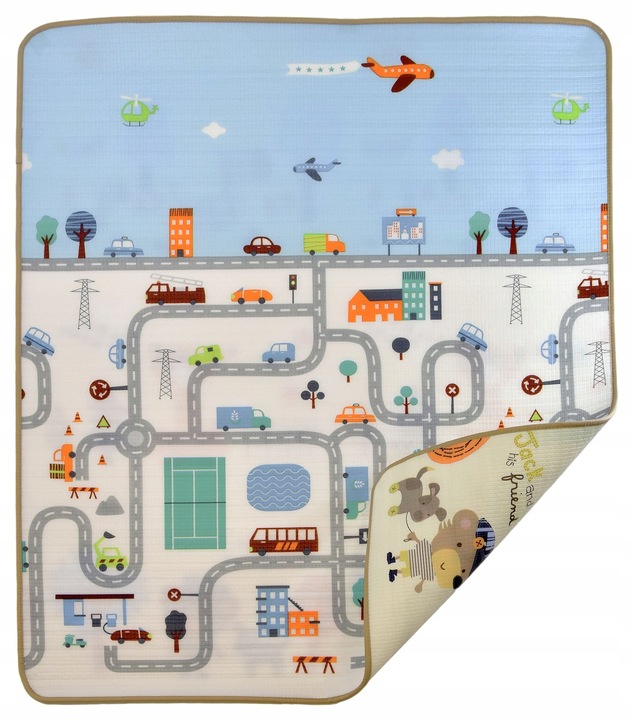 MATA EDUKACYJNA PIANKOWA ULICE ZWIERZĄTKA PASTEL 200X180 CM DUŻA DWUSTRONNA
