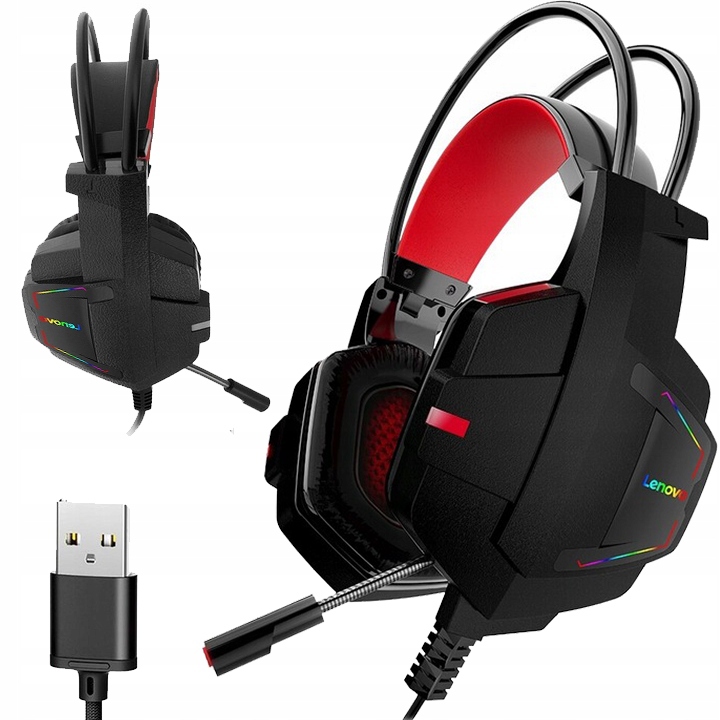 Słuchawki GAMINGOWE LED RGB komputerowe dla graczy nauszne z mikrofonem USB
