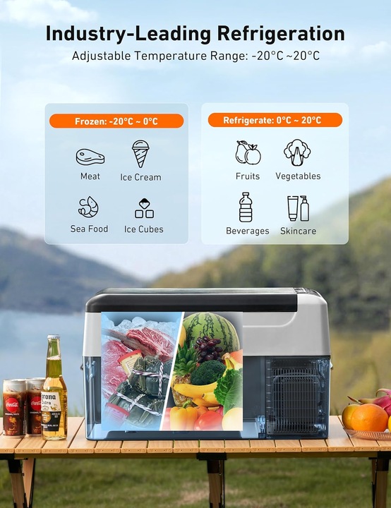 Lodówka kempingowa AstroAI z zamrażarką 22 litry, przenośna lodówka 12/24 V