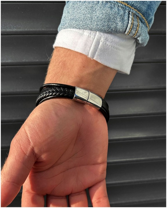 Bransoletka MĘSKA skórzana SREBRNA krzyż KRZYŻYK stal 316L grawer GRATIS!