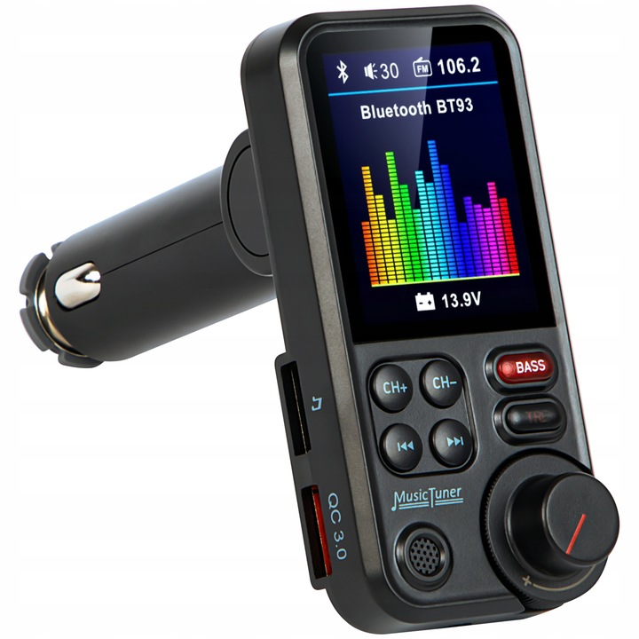 TRANSMITER BLUETOOTH 5.0 FM ZESTAW GŁOŚNOMÓWIĄCY QC3.0 SD BASS DUŻY LCD 24V
