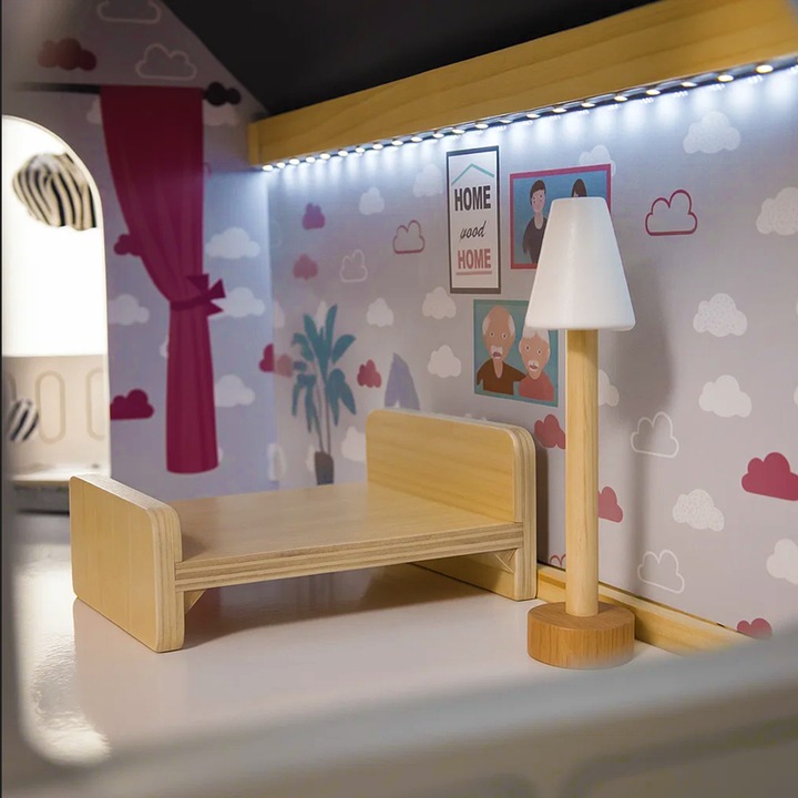 DOMEK DLA LALEK DREWNIANY LED Akcesoria Laleczki 3 Poziomy Duży Mebelki