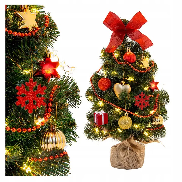 Choinka sztuczna mała ubrana na pniu z jutą i dekoracjami LED 45cm