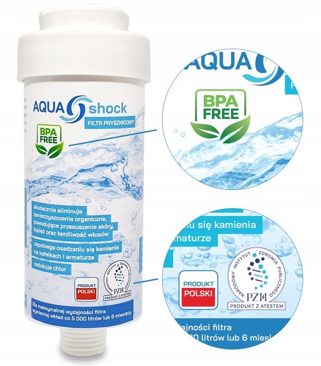 FILTR DO WODY PRYSZNICOWY POD PRYSZNIC USUWA CHLOR BPA FREE AQUA shock x3