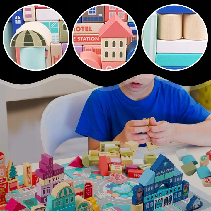 DREWNIANE KLOCKI ZESTAW DROGA MIASTO AUTA 115 ELEMENTÓW MATA PUZZLE
