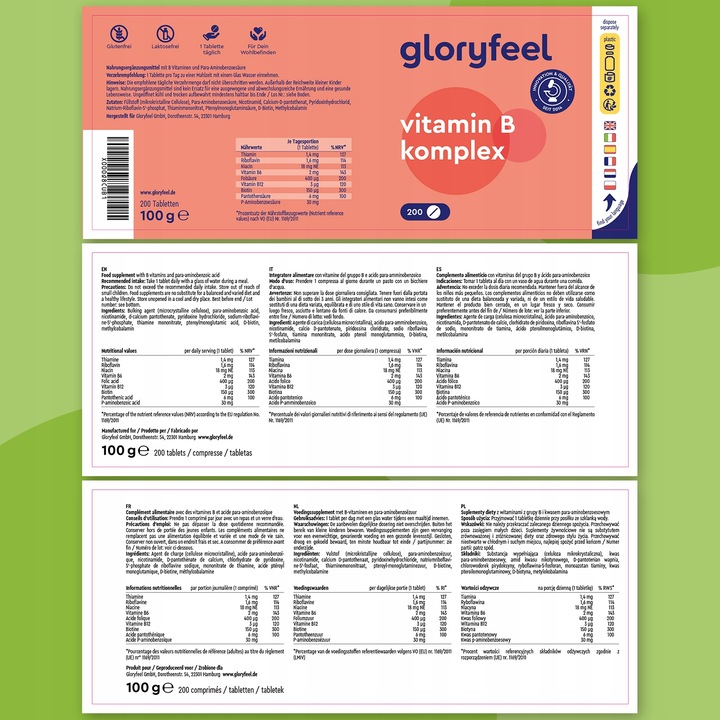 WITAMINA B COMPLEX B1 B3 B6 B12 odporność vegan 200 tabletek gloryfeel