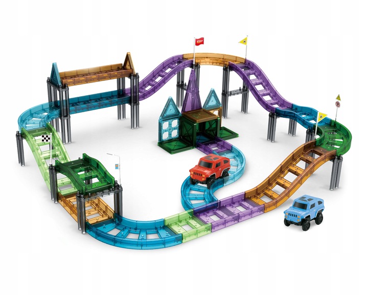 KLOCKI MAGNETYCZNE DLA DZIECI EDUKACYJNE PANELE KOLEJKA TOR + 2 AUTKA 59 EL