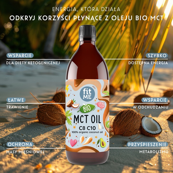 Olej MCT BIO z kokosa 500 ml 100 % kokosowy Coconut keto C8+C10 + pompka