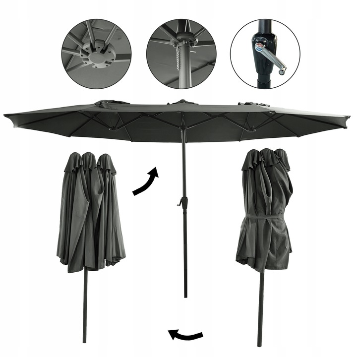 PODWÓJNY PARASOL OGRODOWY PRZECIWSŁONECZY Z KORBKĄ POKROWIEC PHOENIX SZARY