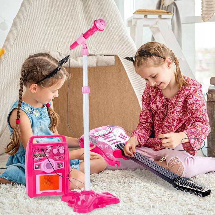 GITARA ELEKTRYCZNA DUŻA DLA DZIECI Z MIKROFONEM WZMACNIACZ STATYW RÓŻOWA