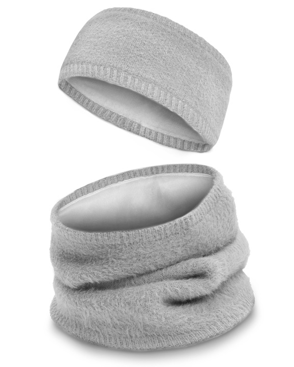 DWUSTRONNY Komplet Damski OPASKA i KOMIN Zestaw Zimowy z Polarem POPIELATY