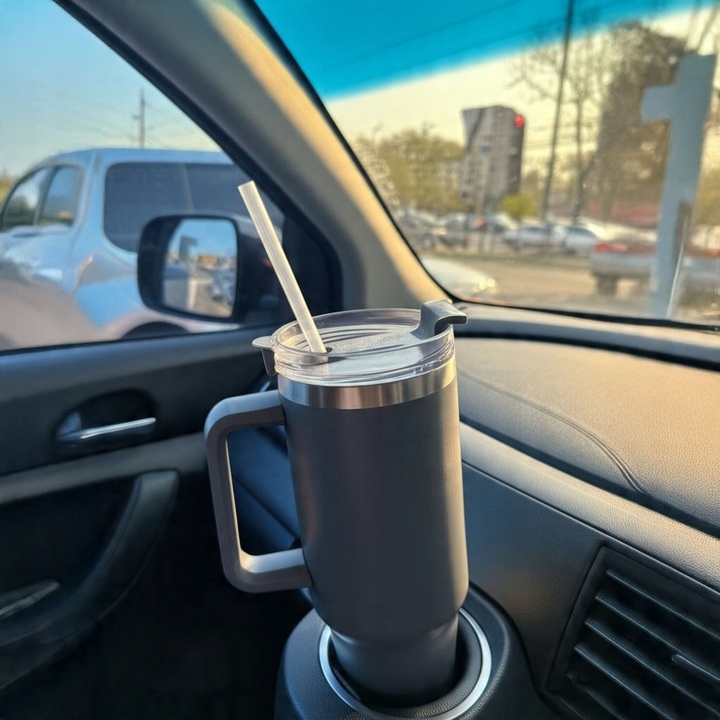 Kubek termiczny ze słomką próżniowy na kawę herbatę szary duży 1,2l