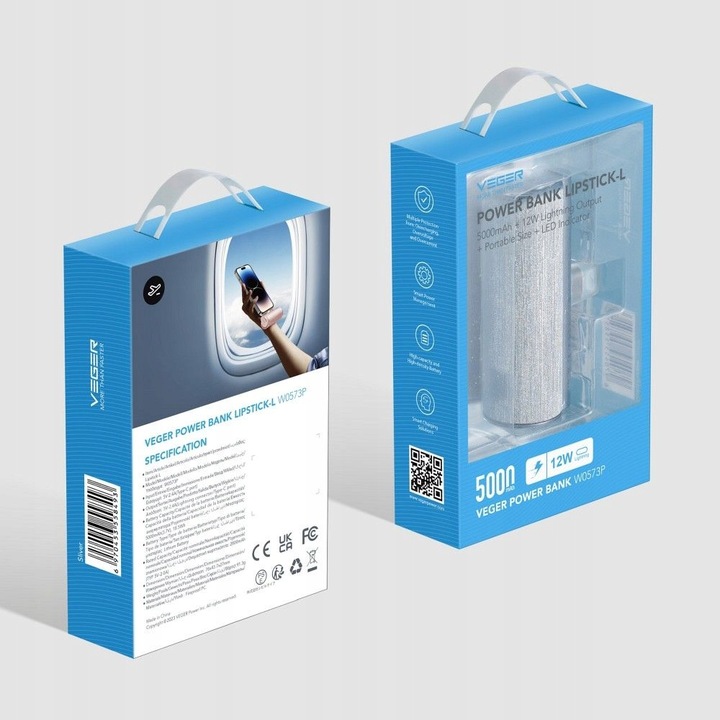 Powerbank VEGER PlugOn 5000mAh na podróż 12W wbudowane złącze USB C lekki