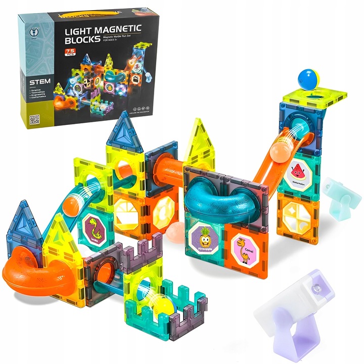 DUŻE KLOCKI KONSTRUKCYJNE MAGNETYCZNE ŚWIECĄCY TOR KULKOWY 75 ELEMENTÓW