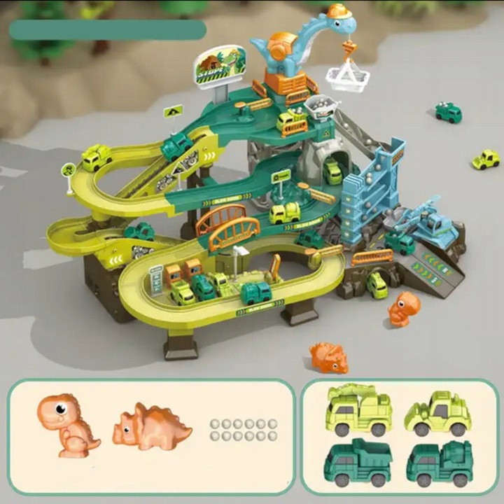 MEGA TOR SAMOCHODOWY PARKING POCIĄG DŹWIG KOLEJKA STACJA TUNEL DINOZAUR REX