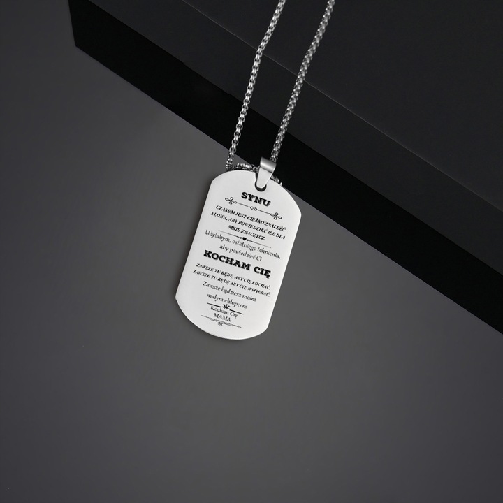 Srebrny Nieśmiertelnik Grawer Prezent dla Syna od Mamy Naszyjnik Męski BOX