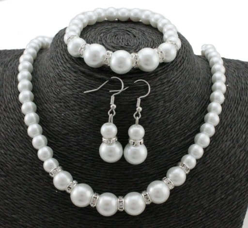 KOMPLET 3 CŻĘŚCIOWY ELEGANCKI BIAŁE PERŁY CYRKONIE
