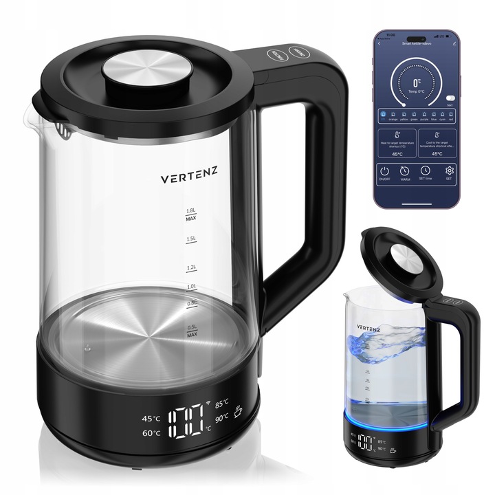 Czajnik Elektryczny LED SMART 2000W Szklany 1,7L Technologia WARM Czarny