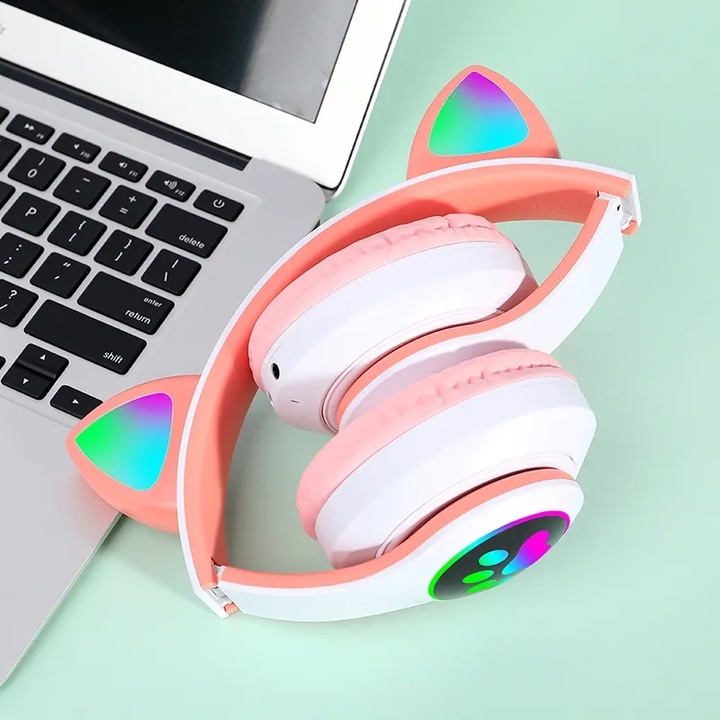 Słuchawki Kotki dla dzieci Bluetooth LED RGB Różowe Kocie Uszy