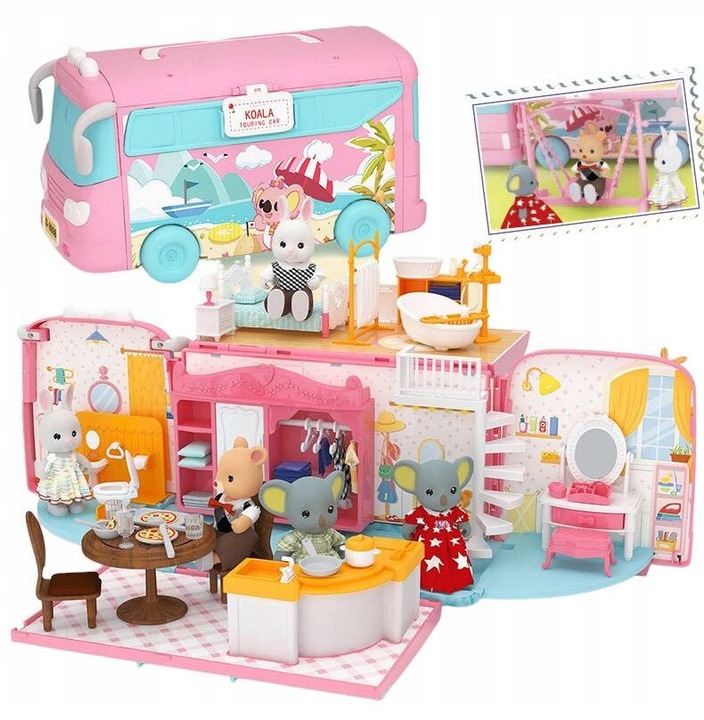 DUŻE AUTO dla LALEK AUTOBUS KAMPER WAKACYJNY rozkładany otwierany DOMEK