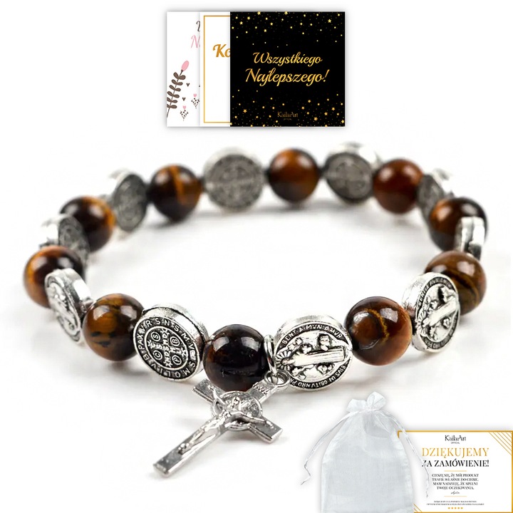 RÓŻANIEC NA RĘKĘ BRANSOLETKA Z KRZYŻYKIEM ŚW. BENEDYKT MĘSKI TYGRYSIE OKO