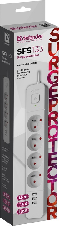 Listwa Zasilająca Przedłużacz z 3xUSB z Włącznikiem Antyprzepięciowa 1,5m