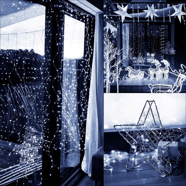 KURTYNA ŚWIETLNA NA BATERIE 300 LED LAMPKI 3x3M 8 FUNKCJI ZIMNE ŚWIATŁO