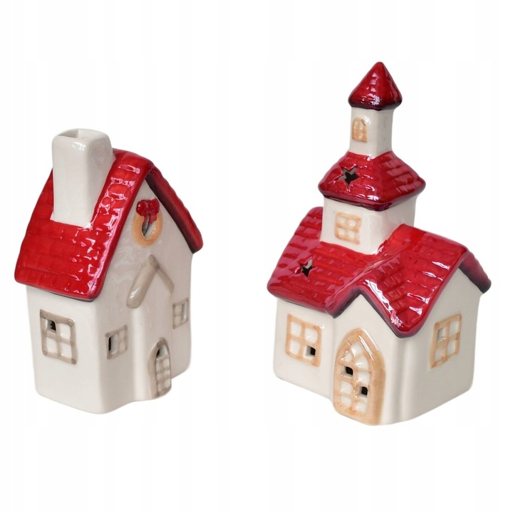 Kościół 16 cm i domek 13 cm ceramiczny z oświetleniem LED, zestaw 2 szt.