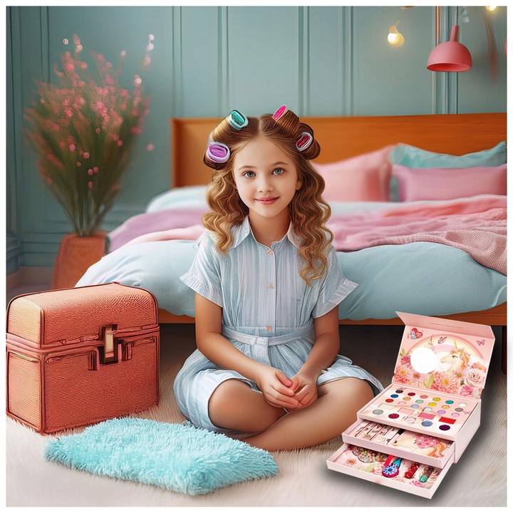 KOSMETYKI DLA DZIECI W SZKATUŁCE JEDNOROŻEC KORALIKI CIENIE LAKIERY KUFEREK