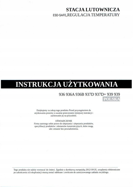 Stacja lutownicza grotowa kolbowa WEP 937D 60W chwytak smd od HOTAIR