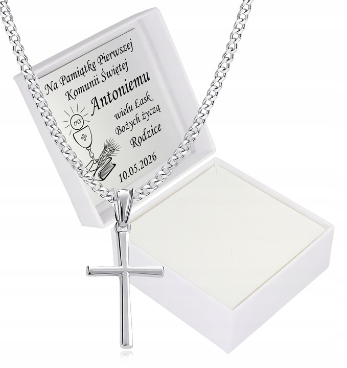 Krzyżyk srebrny łańcuszek zestaw komunijny dla chłopca na prezent chrzest