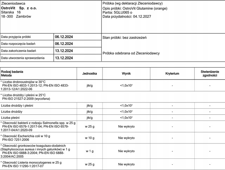 OstroVit Glutamine 500 g GLUTAMINA AMINO