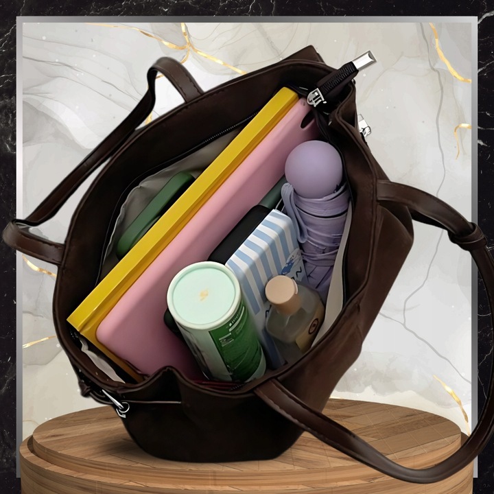 Torebka Shopper Damska Zamszowa A4 Na Ramię Brązowa Torba Elegancka Pojemna