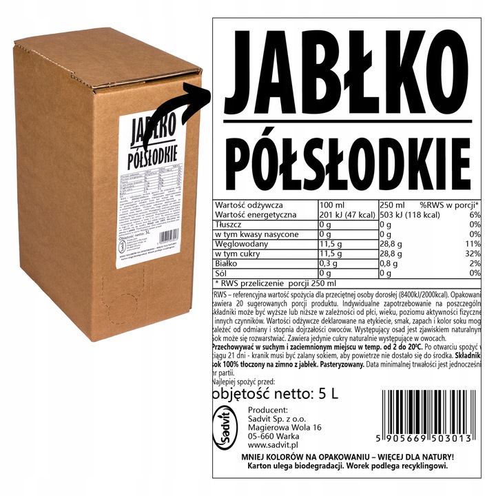 Sok jabłkowy 100% naturalne 4x5L jabłko NFC z jabłek jabłka bez cukru 100%
