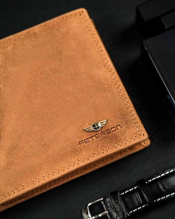 Portfel skórzany męski RFID pojemny na prezent brązowy nubukowy Peterson