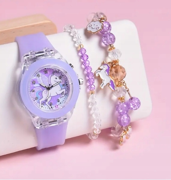 Fioletowy zegarek świecący z jednorożcem bransoletka prezent dziewczynki