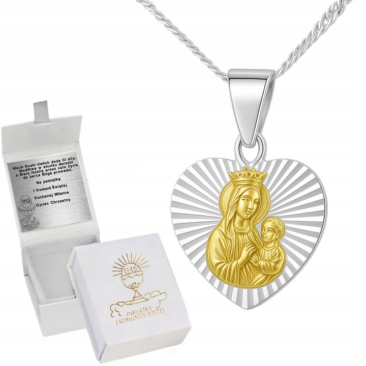 ŁAŃCUSZEK SREBRNY MEDALIK KOMUNIJNY MATKA BOSKA NA KOMUNIĘ CHRZEST GRAWER