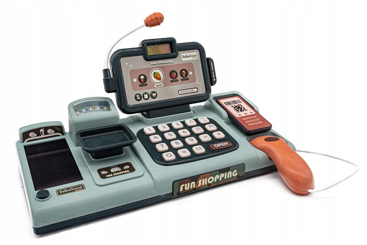 Edukacyjna Sklepowa Kasa Fiskalna Mikrofon Waga Koszyk Czytnik Kodów Monety