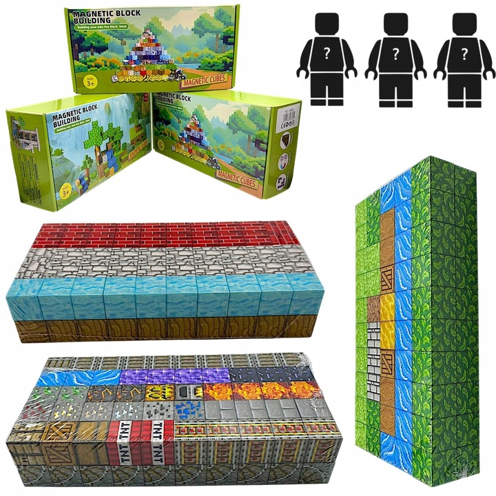 KLOCKI MAGNETYCZNE 300 KLOCKÓW KONSTRUKCYJNE PIKSELE SZEŚCIANY + 3 LUDZIKI