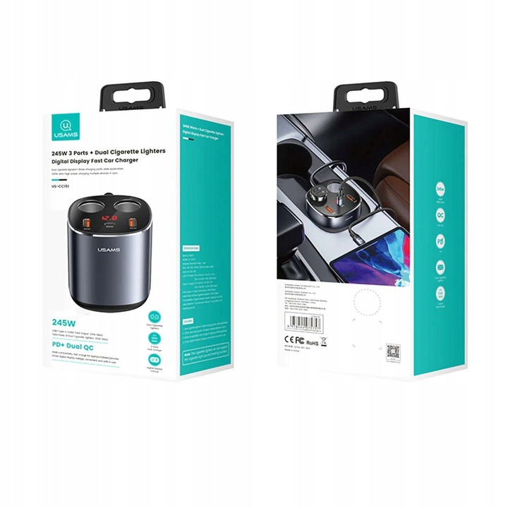 ROZGAŁĘŹNIK + ŁADOWARKA DO AUTA 2x USB USB-C 245W