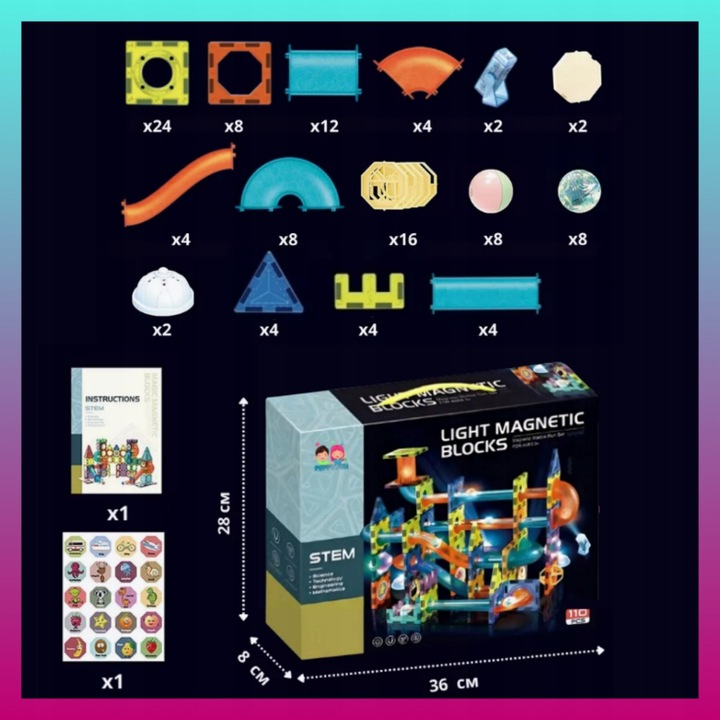 Klocki MAGNETYCZNE KONSTRUKCYJNE świecący tor 110 el 3D MAGNETIC Edukacyjne