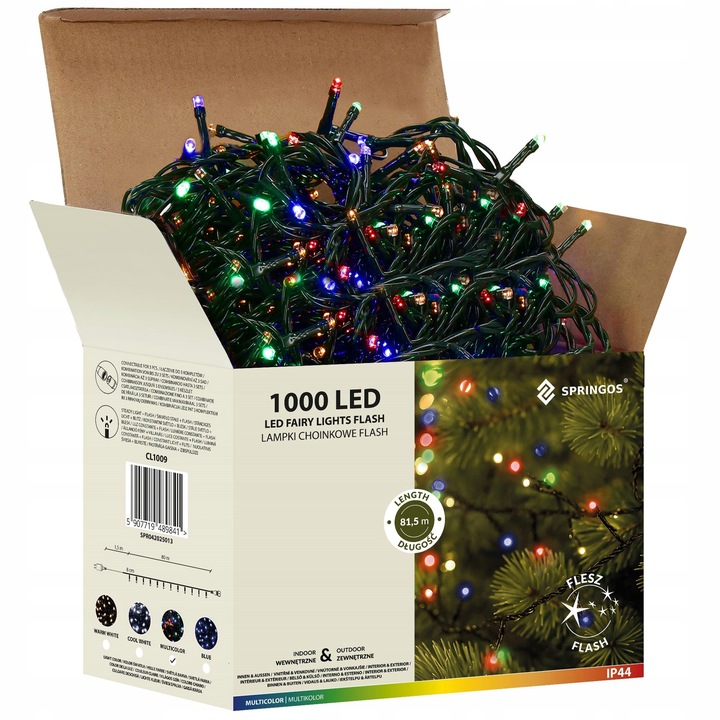 LAMPKI CHOINKOWE 1000 LED ZEWNĘTRZNE KURTYNA ŚWIETLNA IP44 MULTIKOLOR FLASH